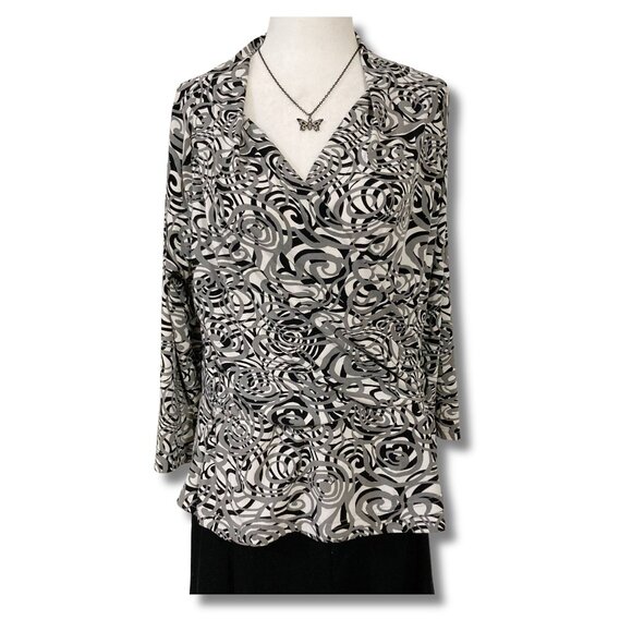 REITMAN'S Black white grey swirl print v-neck wrap top ~ Vintage LARGE XL shirt - Picture 1 of 15